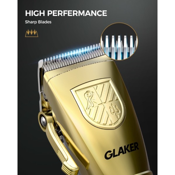 GLAKER Hair Clippers for Men Professional, Cordless Clippers for Hair Cutting, Mens Hair Clippers and Trimmer Kit for Barber with LED Display 15 Guide Combs (golden)