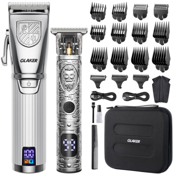 GLAKER Hair Clippers for Men Professional, Cordless Clippers for Hair Cutting, Mens Hair Clippers and Trimmer Kit for Barber with LED Display 15 Guide Combs (silvery)